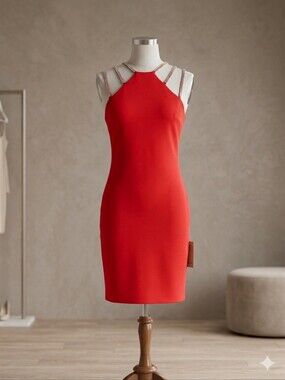 Shelby Nites NWT Red Bodycon Dress with Rhinestone Straps, Size 6
